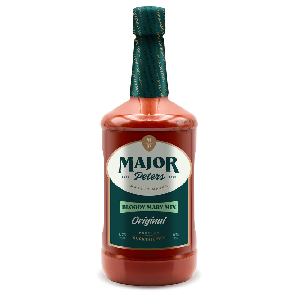 Major Peters premium Bloody Mary mix bottle pouring for a smooth cocktail base