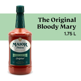 Major Peters Bloody Mary mix in a glass ready to enjoy with garnishes
