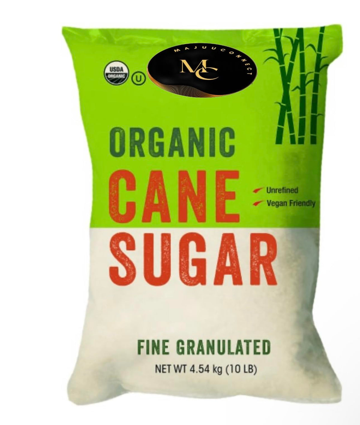 MAJUU CONNECT Organic cane sugar fine granules in a scoop, ideal for baking and beverages.