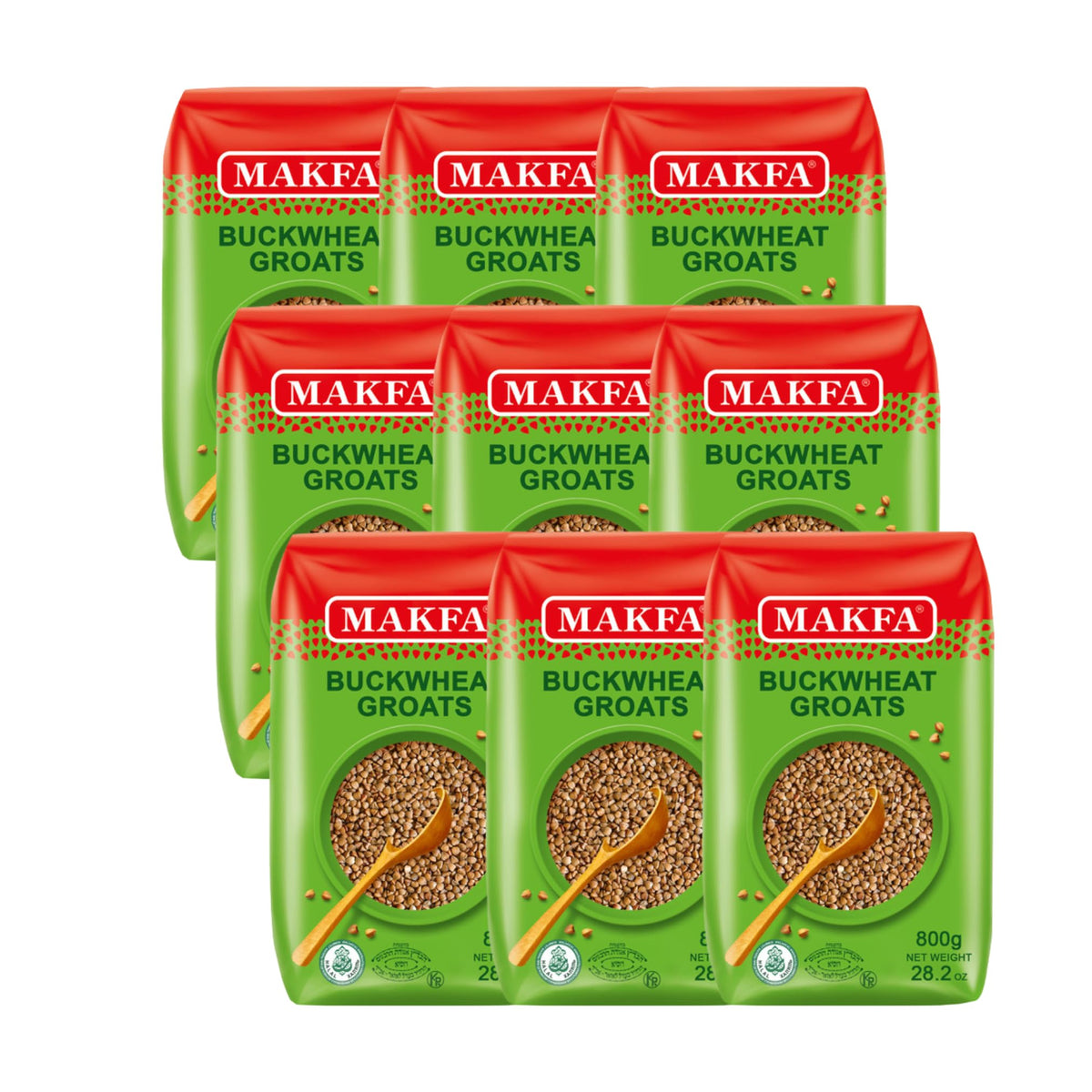 Makfa Buckwheat Groats 800g packaging viewed on shelf for easy storage
