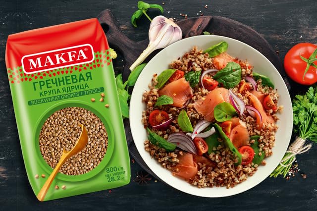 Makfa Buckwheat Groats label shows kosher and non-GMO symbols for quality