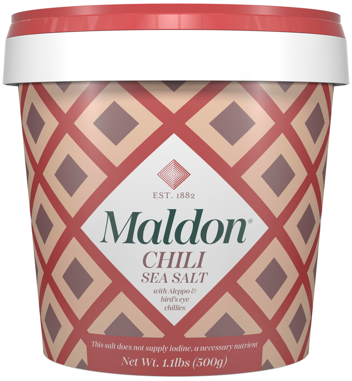 Maldon Chili Sea Salt jar shows Aleppo and Birds Eye chilies for a spicy flavor boost