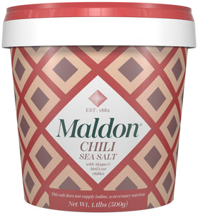 Maldon Chili Sea Salt jar shows Aleppo and Birds Eye chilies for a spicy flavor boost