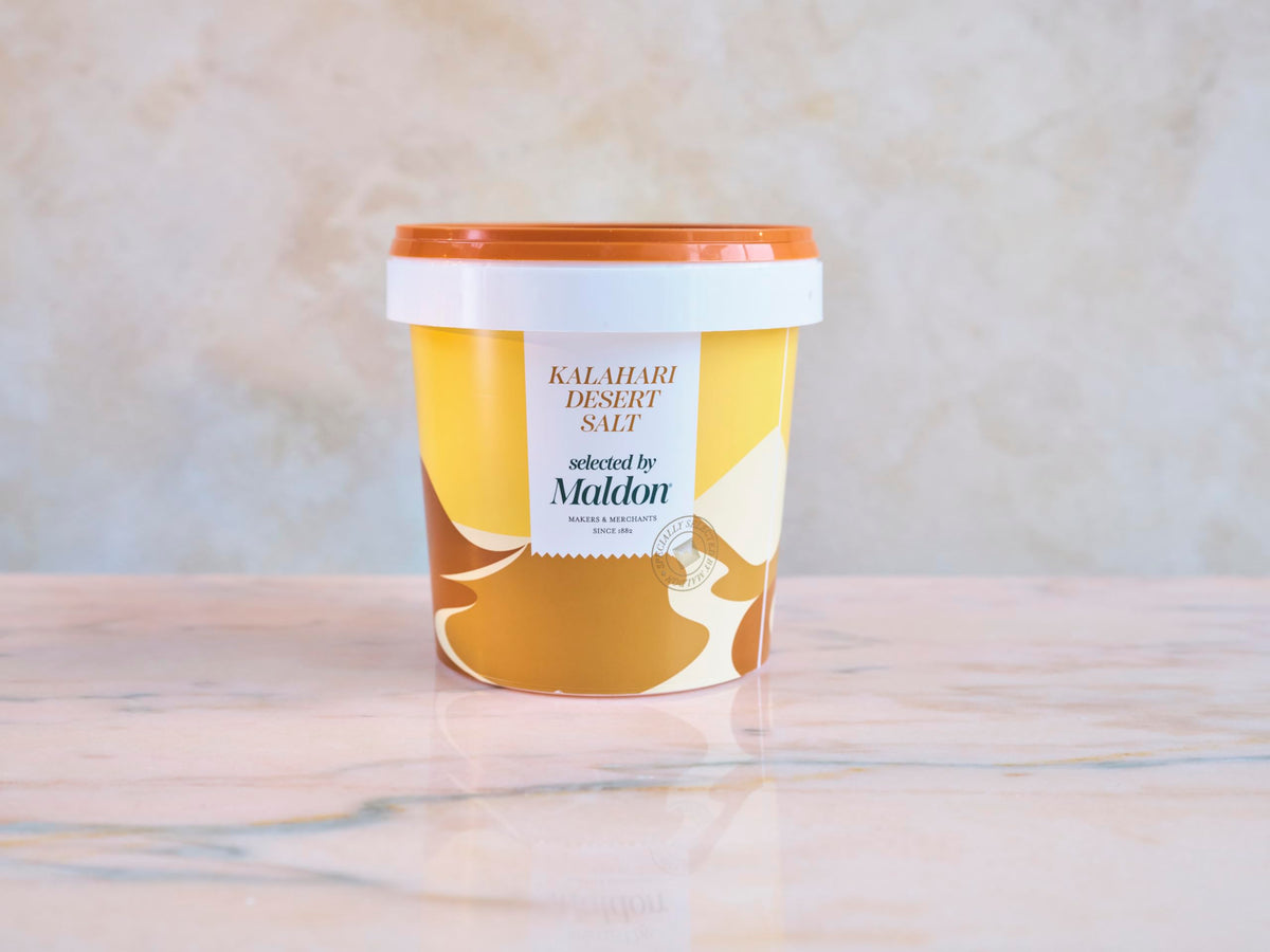 Maldon Kalahari Desert Salt 2.2lb tub highlights convenient kitchen storage.