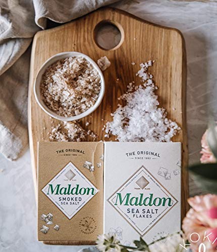 Maldon oak-smoked salt shown with sustainable wood source.