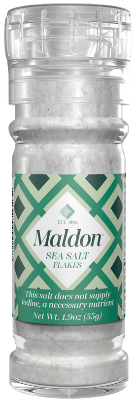 Maldon salt grinder 55 g ready for table seasoning.