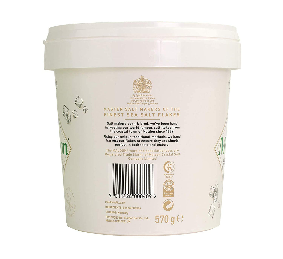 Maldon salt resealable tub, keeps freshness for cooking.