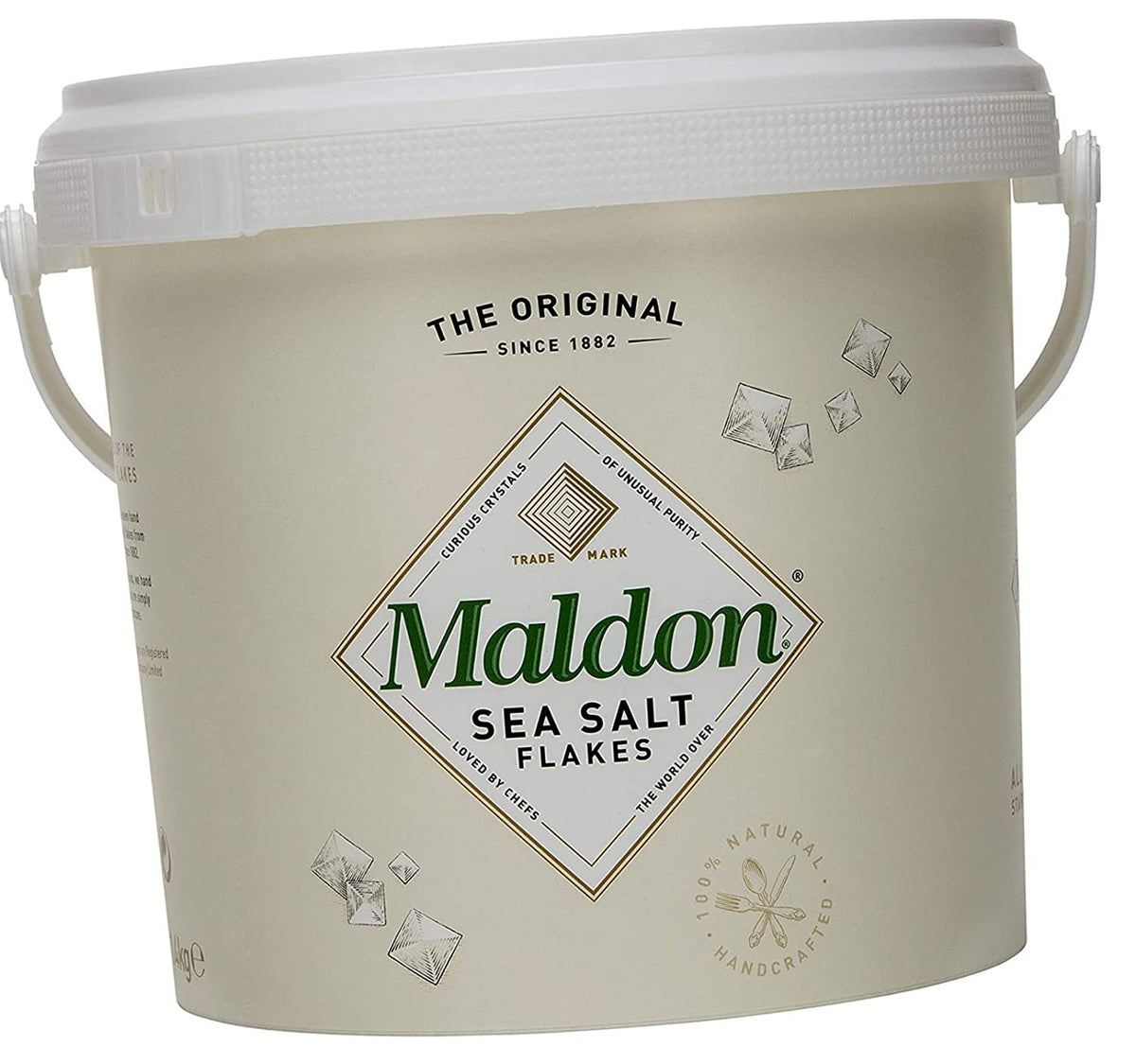 Maldon Sea Salt Flakes in a resealable tub for finishing dishes with flaky texture.