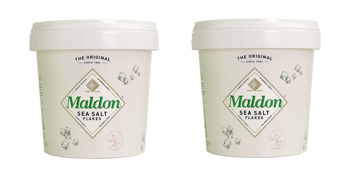 Maldon Salt tub front view, premium sea salt for finishing dishes.