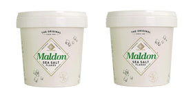 Maldon Salt tub front view, premium sea salt for finishing dishes.