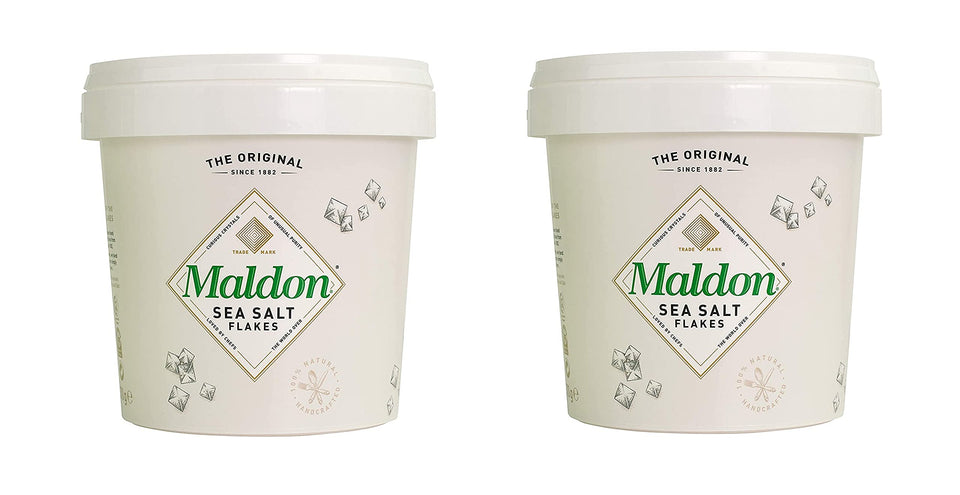 Maldon Salt tub front view, premium sea salt for finishing dishes.
