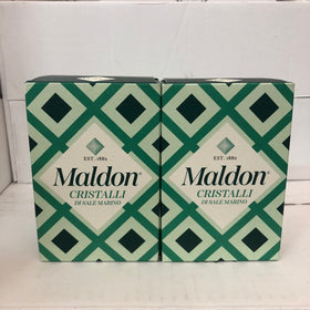 Maldon Sea Salt Flakes packaging and two-pack display.