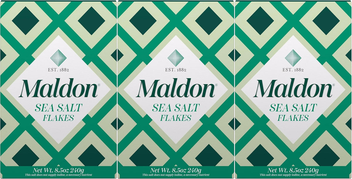 Maldon Sea Salt Pack 3 front view, ideal finishing salt for enhancing dishes.