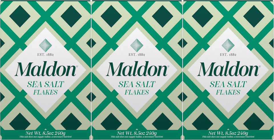 Maldon Sea Salt Pack 3 front view, ideal finishing salt for enhancing dishes.