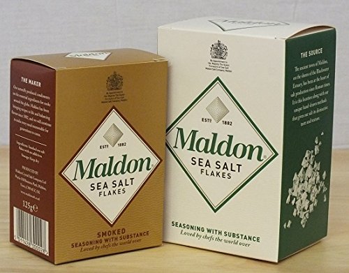 Maldon Sea Salt and Smoked Sea Salt duo pack, perfect for finishing dishes and enhancing flavors.