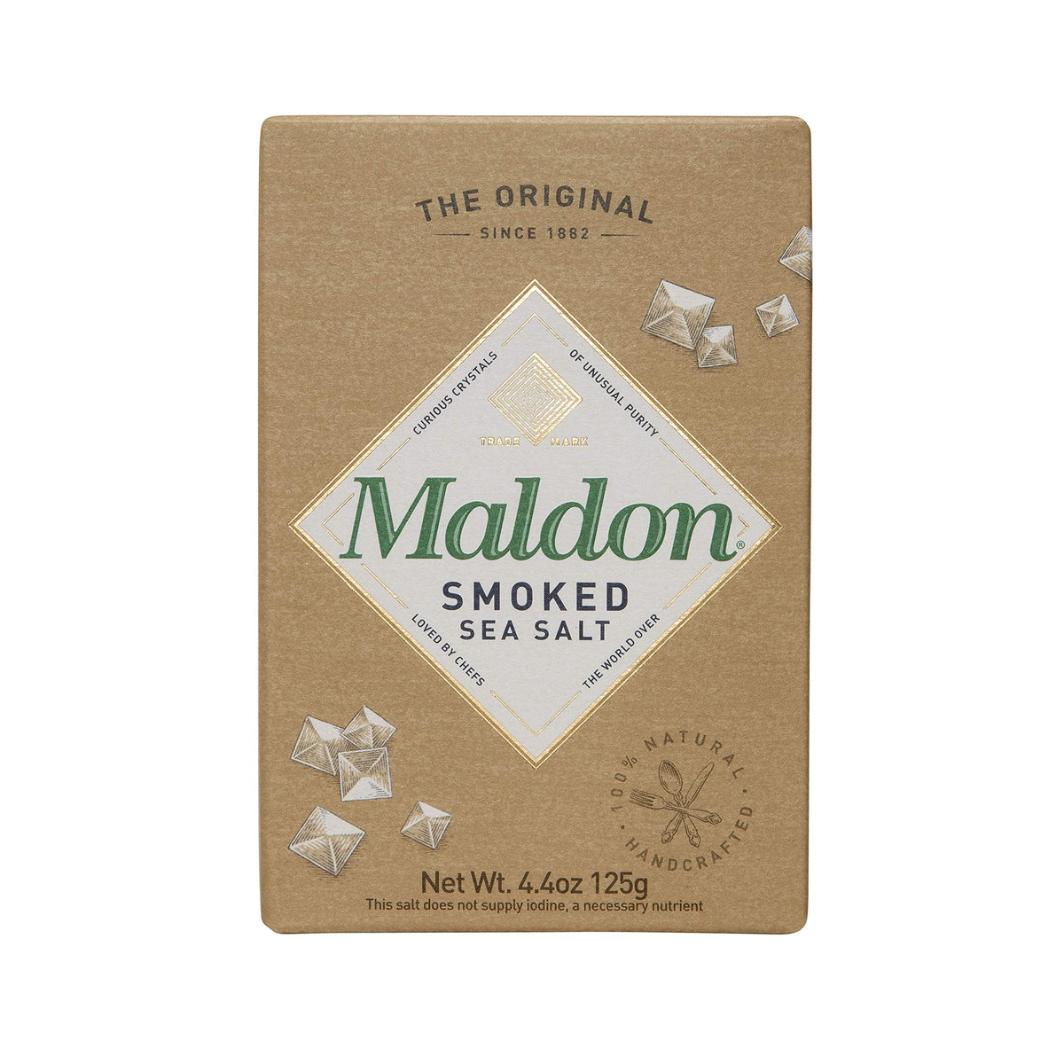 Maldon smoked sea salt flakes 125 g pack front, ideal for gourmet seasoning.