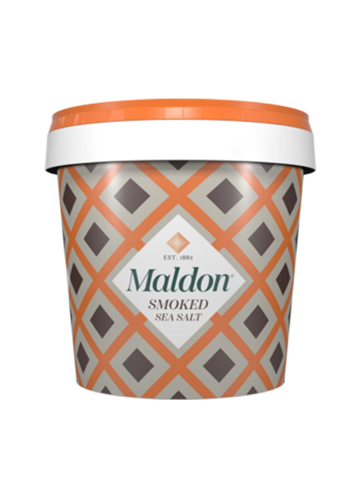 Maldon Smoked Sea Salt Flakes in a bulk tub for rich fish and veggie flavor.