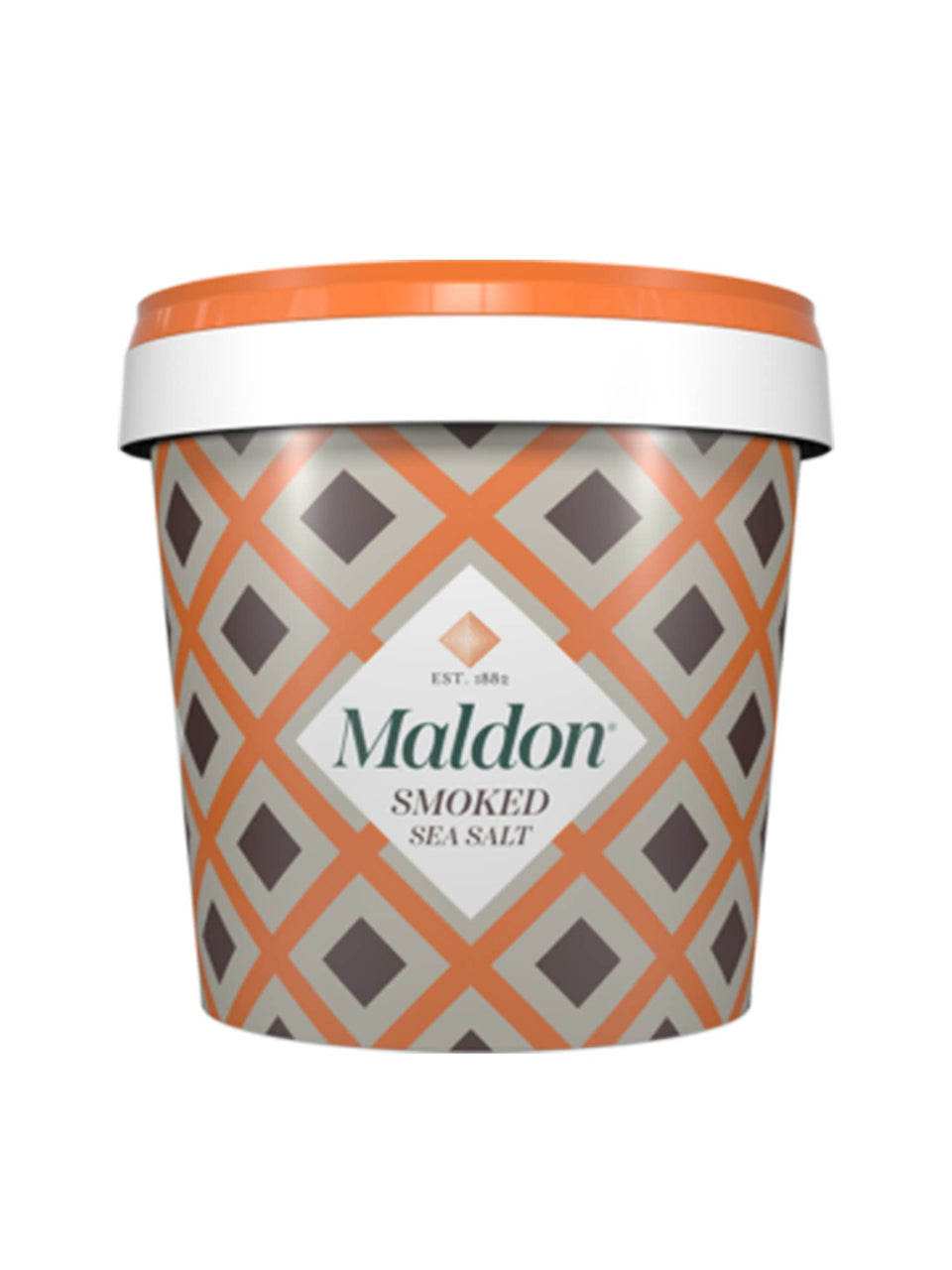 Maldon Smoked Sea Salt Flakes in a bulk tub for rich fish and veggie flavor.