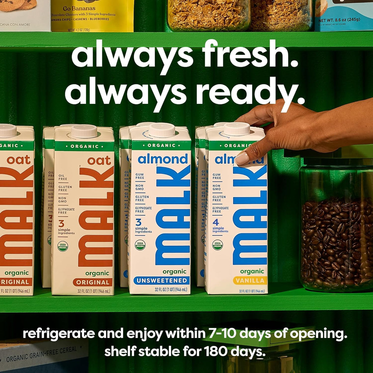 MALK unsweetened bottle pouring into coffee, creamy non-dairy creamer alternative