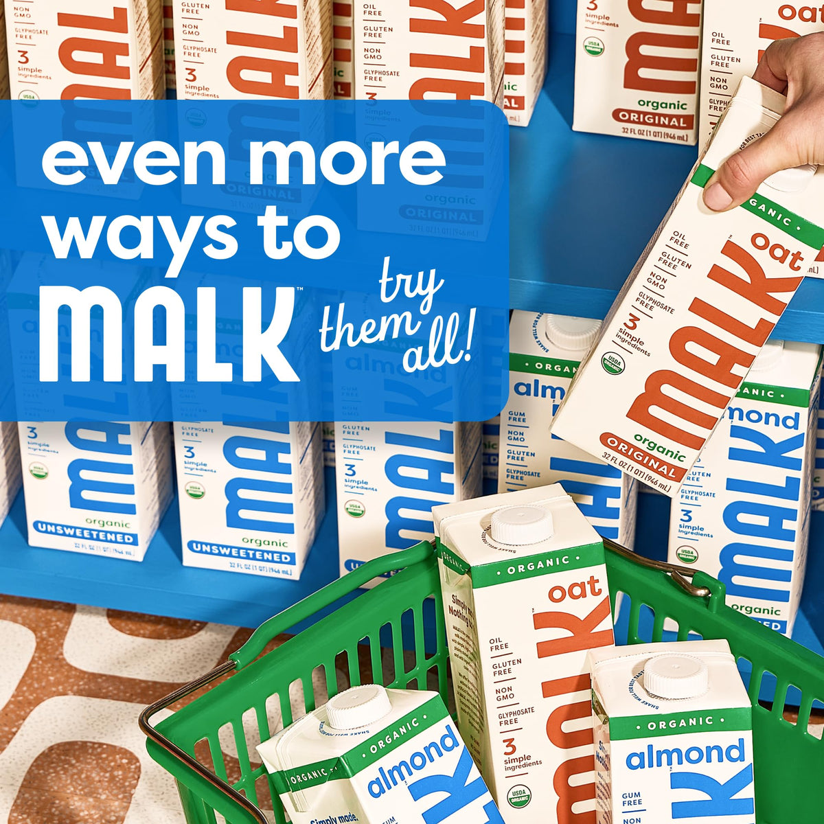 MALK unsweetened almond milk bottle ready for baking and smoothies
