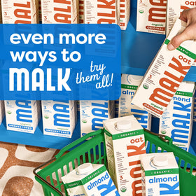 MALK unsweetened almond milk bottle ready for baking and smoothies