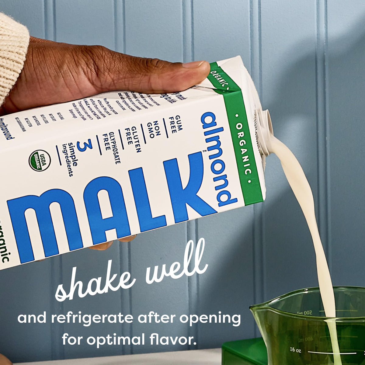 MALK unsweetened almond milk ingredients close-up, simple three-ingredient label