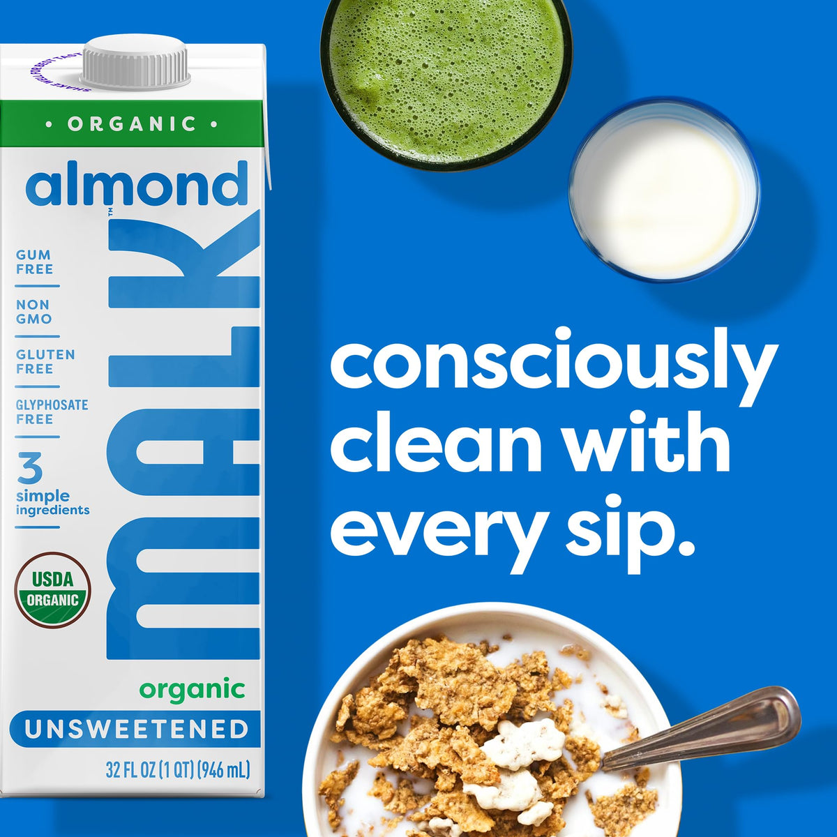MALK unsweetened bottle highlighting no gums or fillers