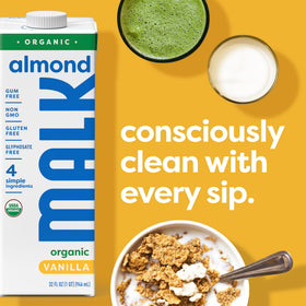 MALK Vanilla Almond Milk bottle on fridge door after opening