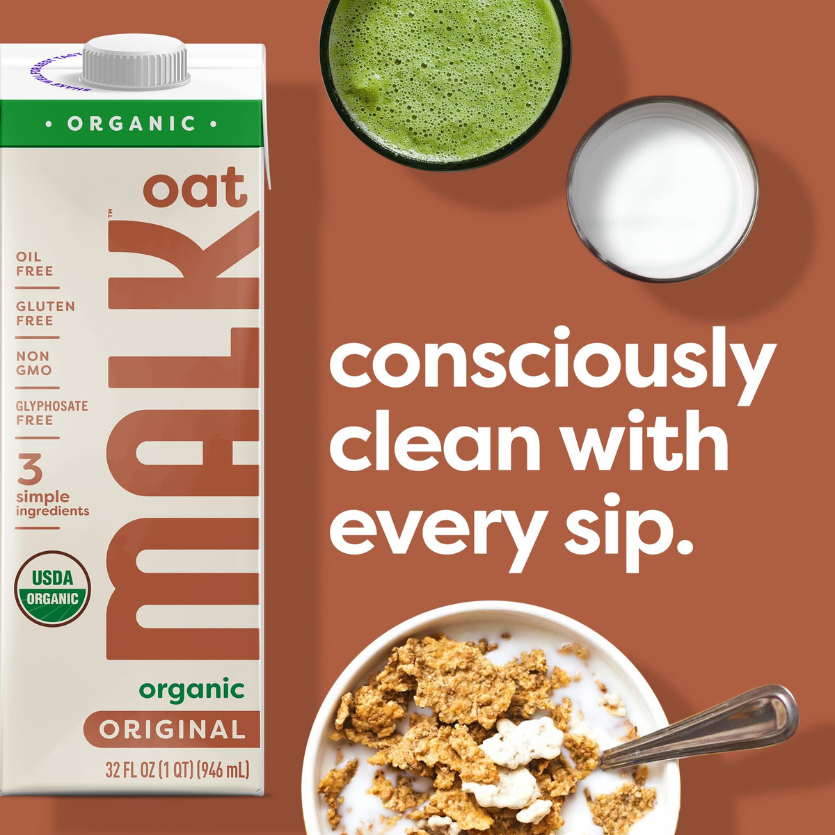 MALK Oat Milk poured over cereal for a dairy-free breakfast.