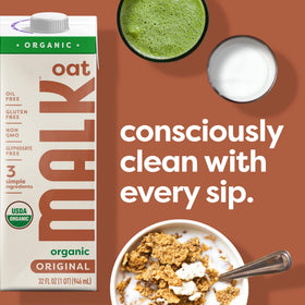 MALK Oat Milk poured over cereal for a dairy-free breakfast.