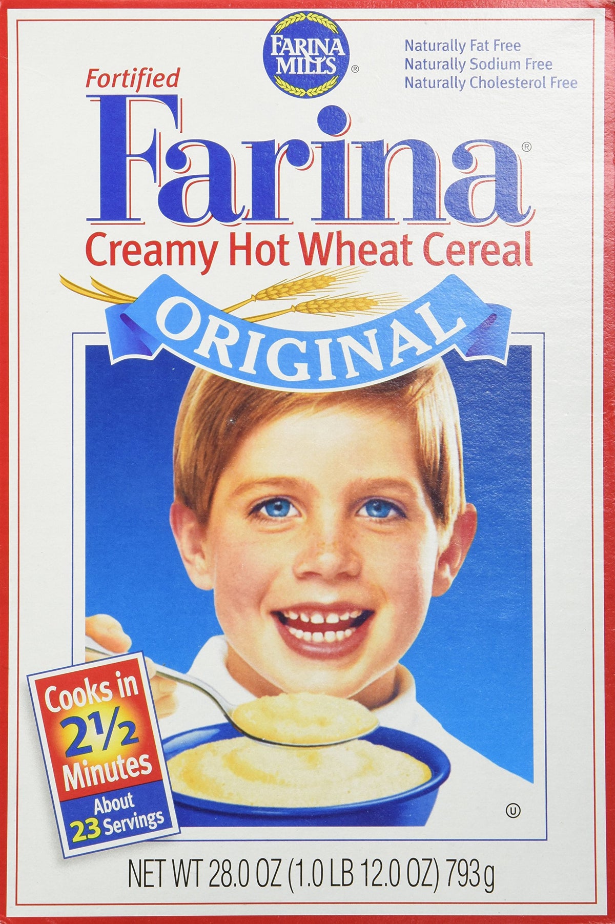 Malt-O-Meal Farina Mills fortified farina cereal box for quick, wholesome breakfast.