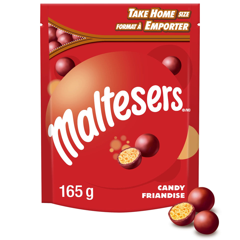 Maltesers stand-up pouch front view; crunchy malt chocolate ideal for sharing.