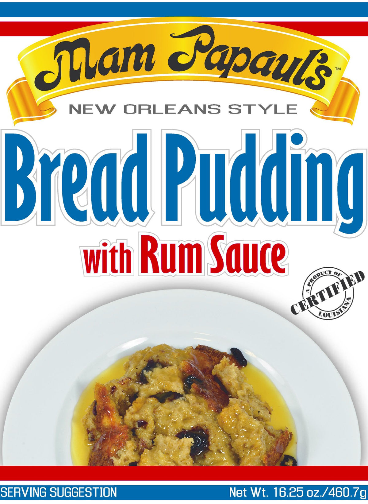 Mam Papaul's bread pudding with rum sauce mix ready to heat, a comforting New Orleans dessert