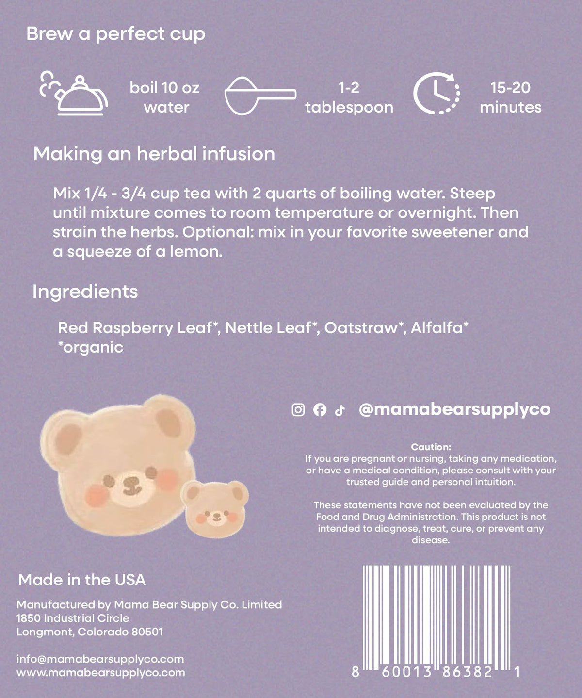 Nora Nourish ingredients list shows red raspberry leaf, nettle, alfalfa, and oatstraw.