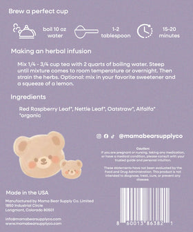 Nora Nourish ingredients list shows red raspberry leaf, nettle, alfalfa, and oatstraw.