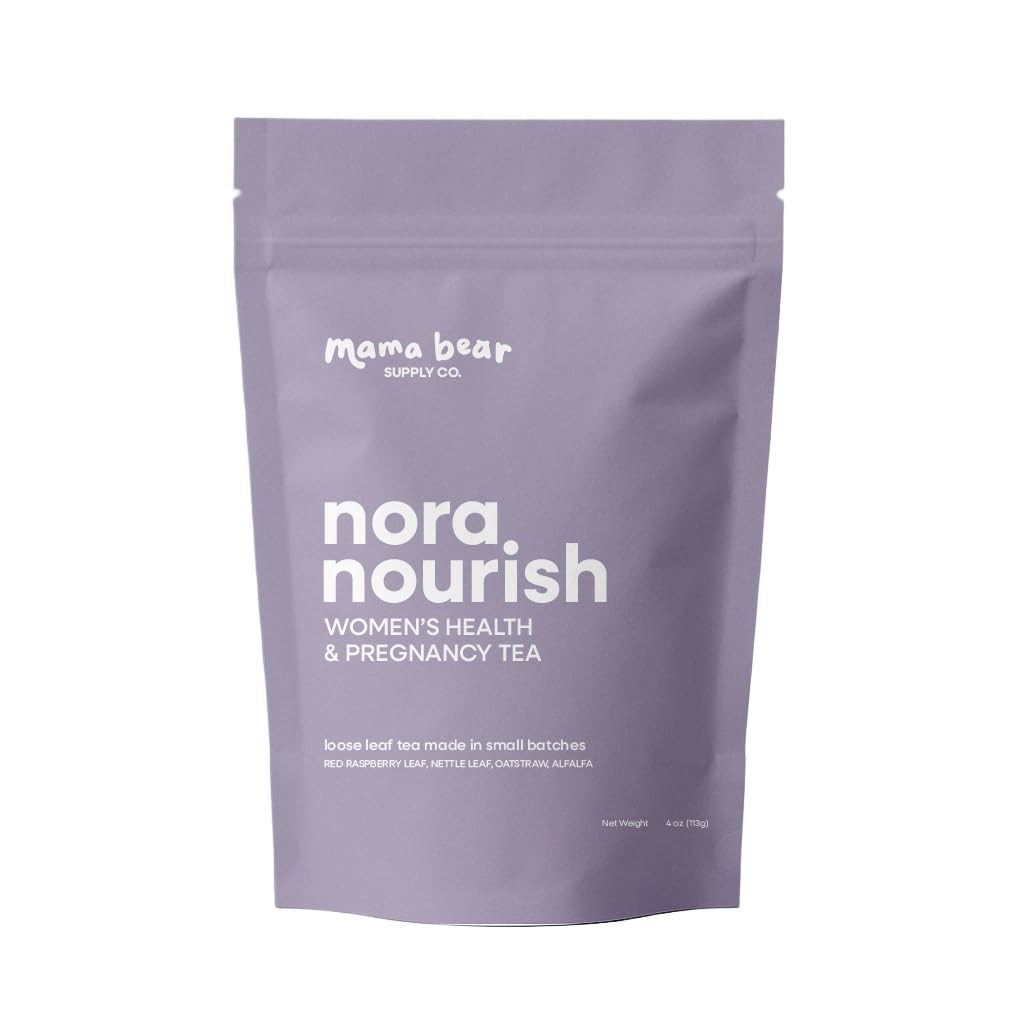 Mama Bear Nora Nourish tea pack label highlights organic blend for pregnancy support.