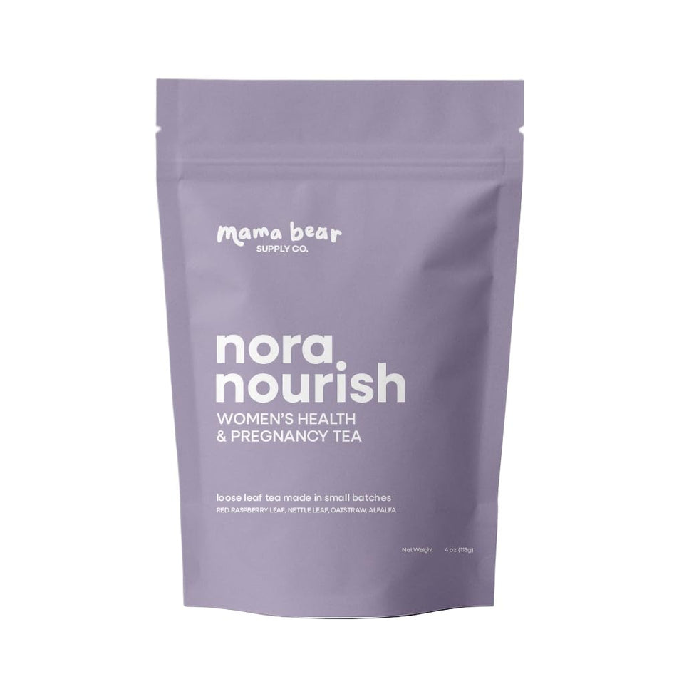 Mama Bear Nora Nourish tea pack label highlights organic blend for pregnancy support.