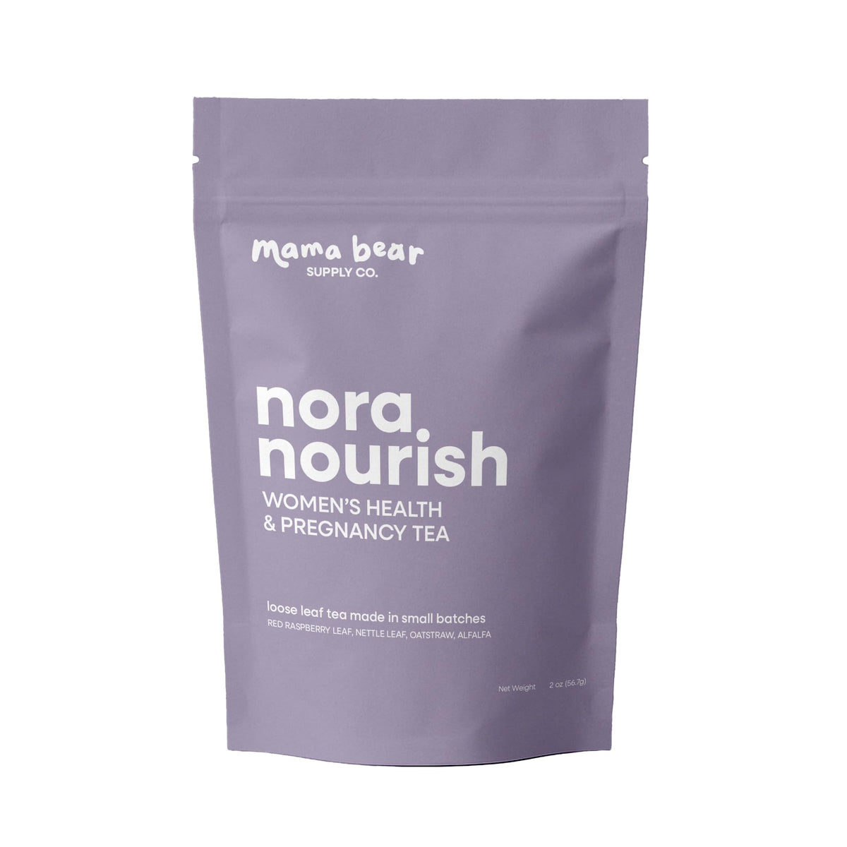 Mama Bear Nora Nourish tea packaging highlighting organic ingredients for prenatal use.