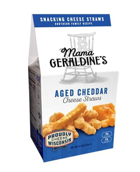 Mama Geraldine's aged cheddar cheese straws pack shot, highlighting bold flavor and convenient multi-pack.