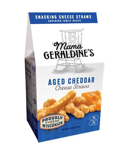 Mama Geraldine's aged cheddar cheese straws pack shot, highlighting bold flavor and convenient multi-pack.