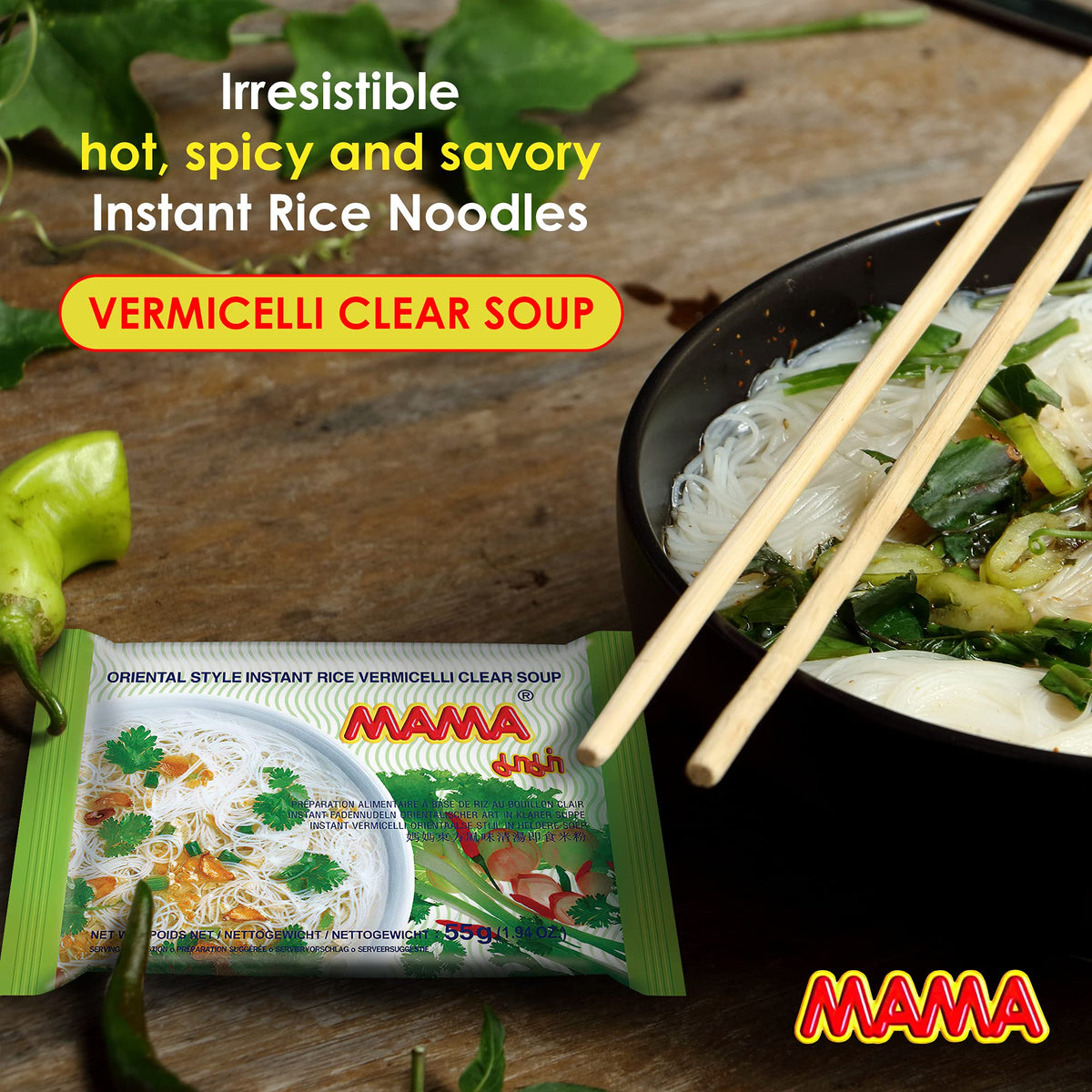 MAMA hot spicy Thai noodles in broth delivering bold flavor in minutes.