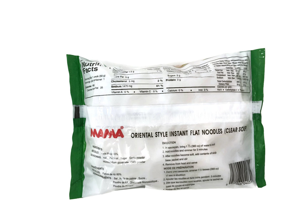 MAMA instant flat noodle soup ready-to-serve, clear broth in minutes.