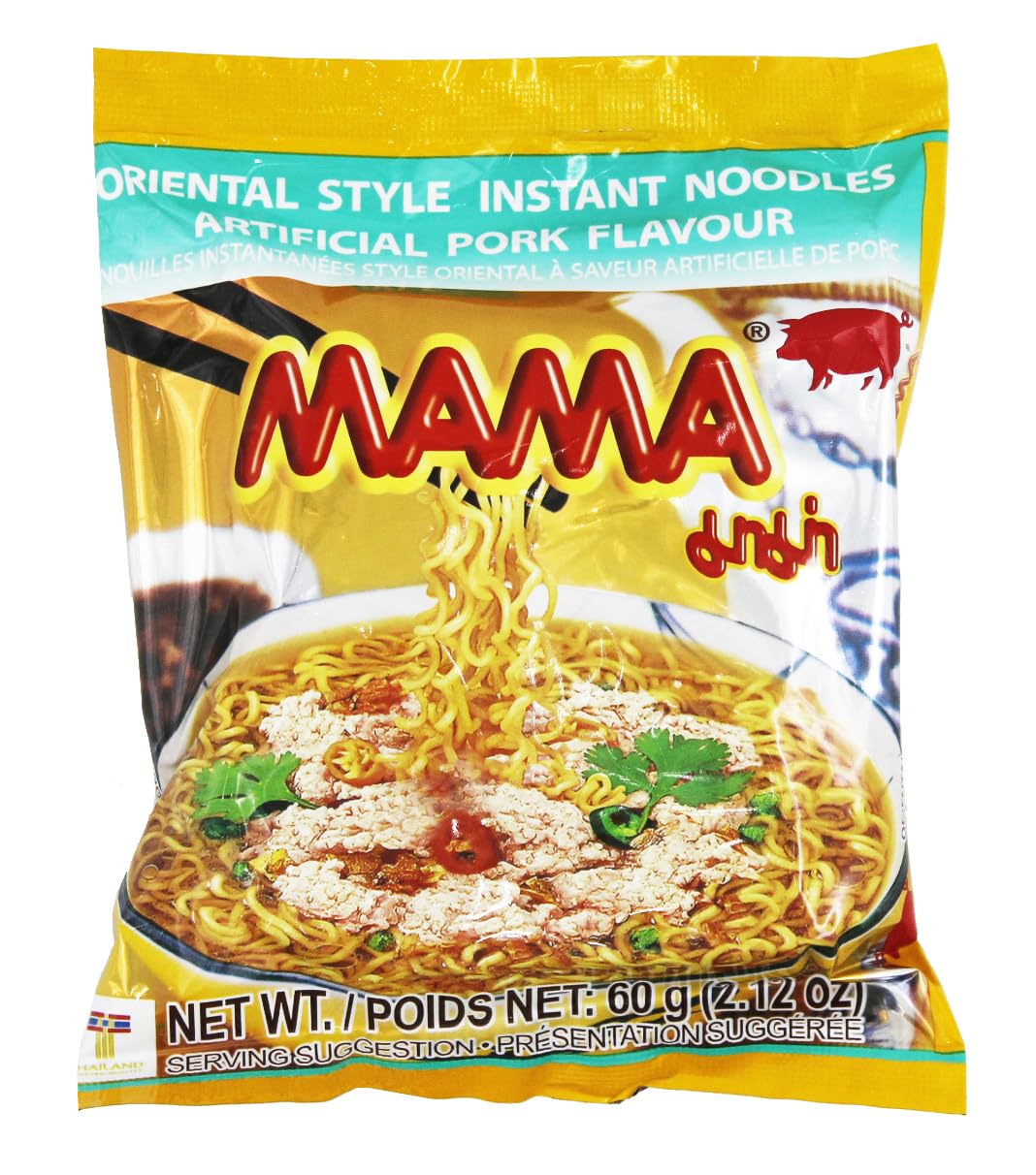 MAMA Instant Noodles Pork flavor pack on shelf, quick meal solution.