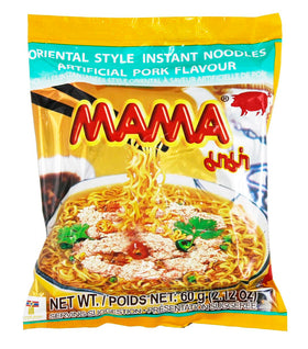 MAMA Instant Noodles Pork flavor pack on shelf, quick meal solution.