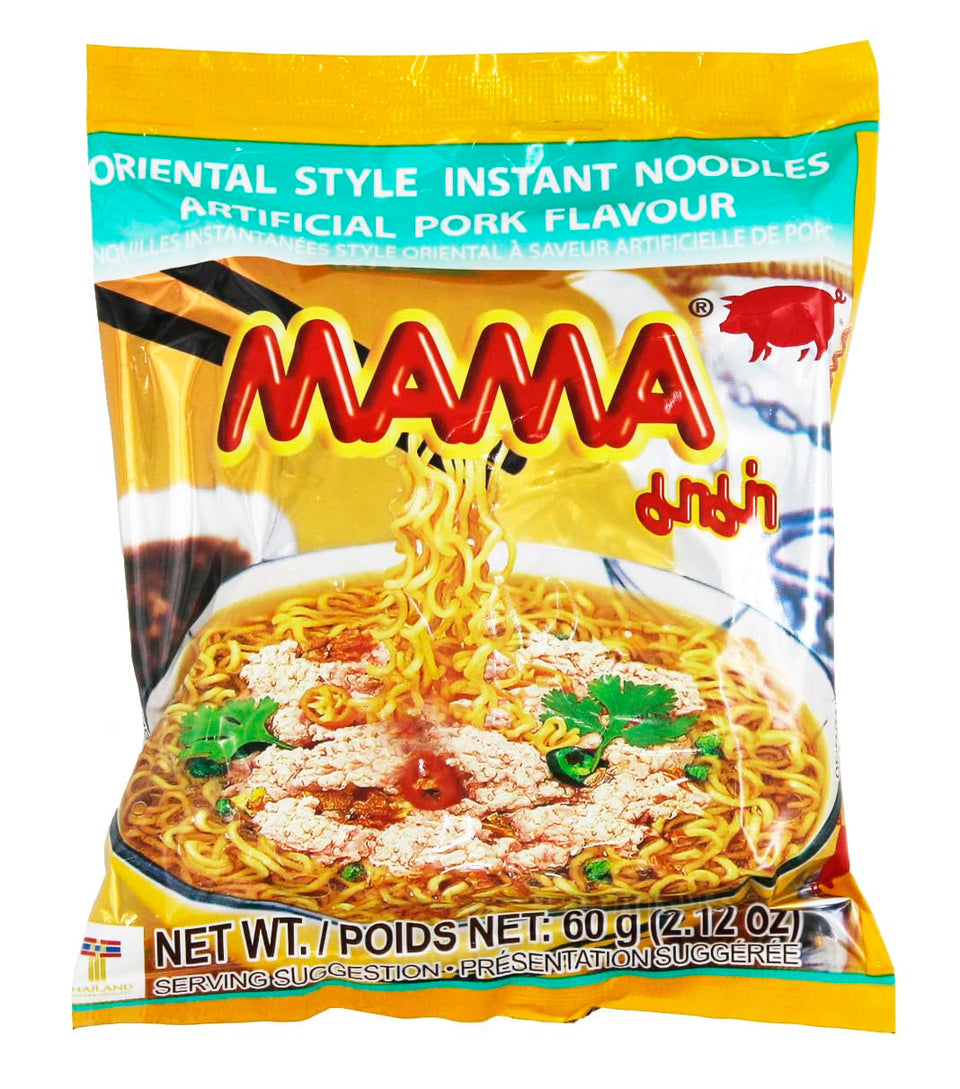 MAMA Instant Noodles Pork flavor pack on shelf, quick meal solution.