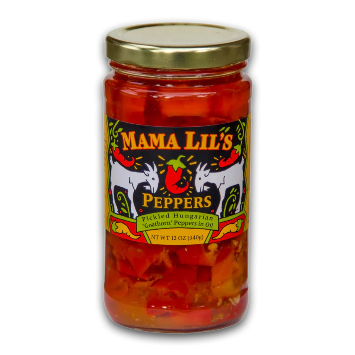 Mama Lil's Mild Goathorn Peppers in Oil jar front showing bold color for sandwiches