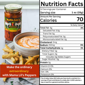 Mama Lil's Mild Goathorn Peppers in Oil jar label highlights Italian-inspired recipe