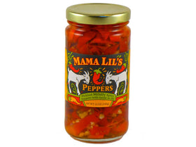 Open jar of Mama Lil's Mild Goathorn Peppers in Oil ready to serve