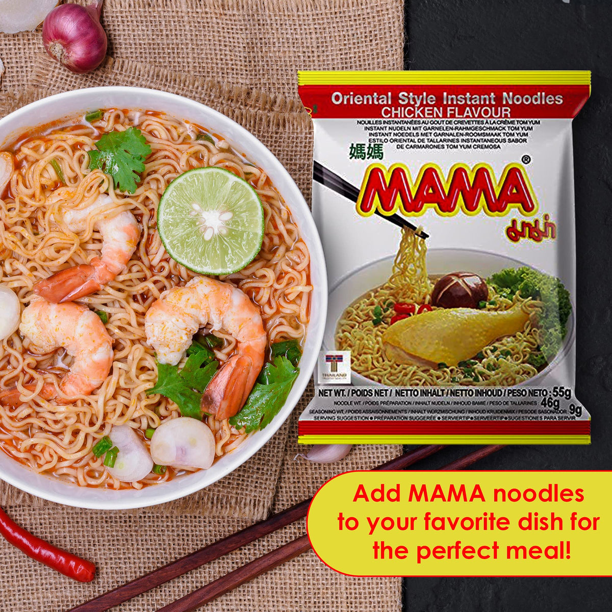 MAMA Noodles Air-Dried Noodles highlight lighter bite and fewer calories.