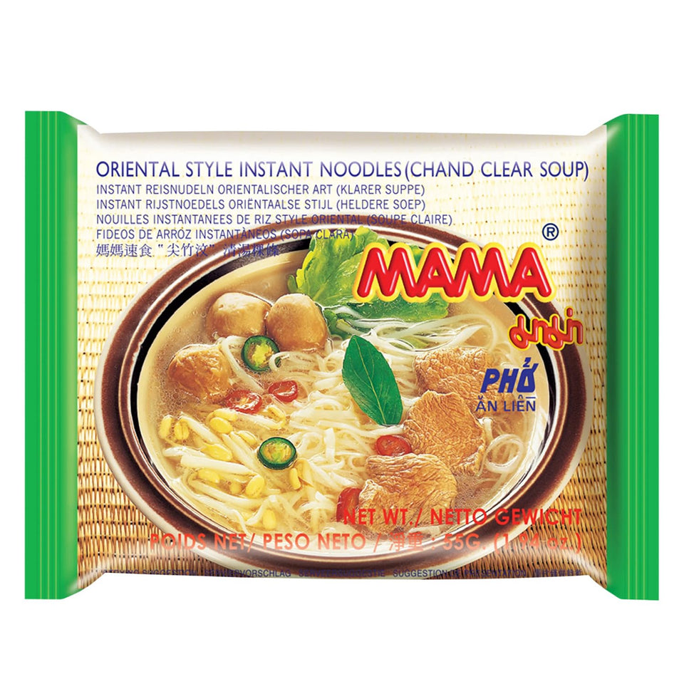 MAMA Noodles Chand Clear Soup packfront showing a 30-pack in pantry setup
